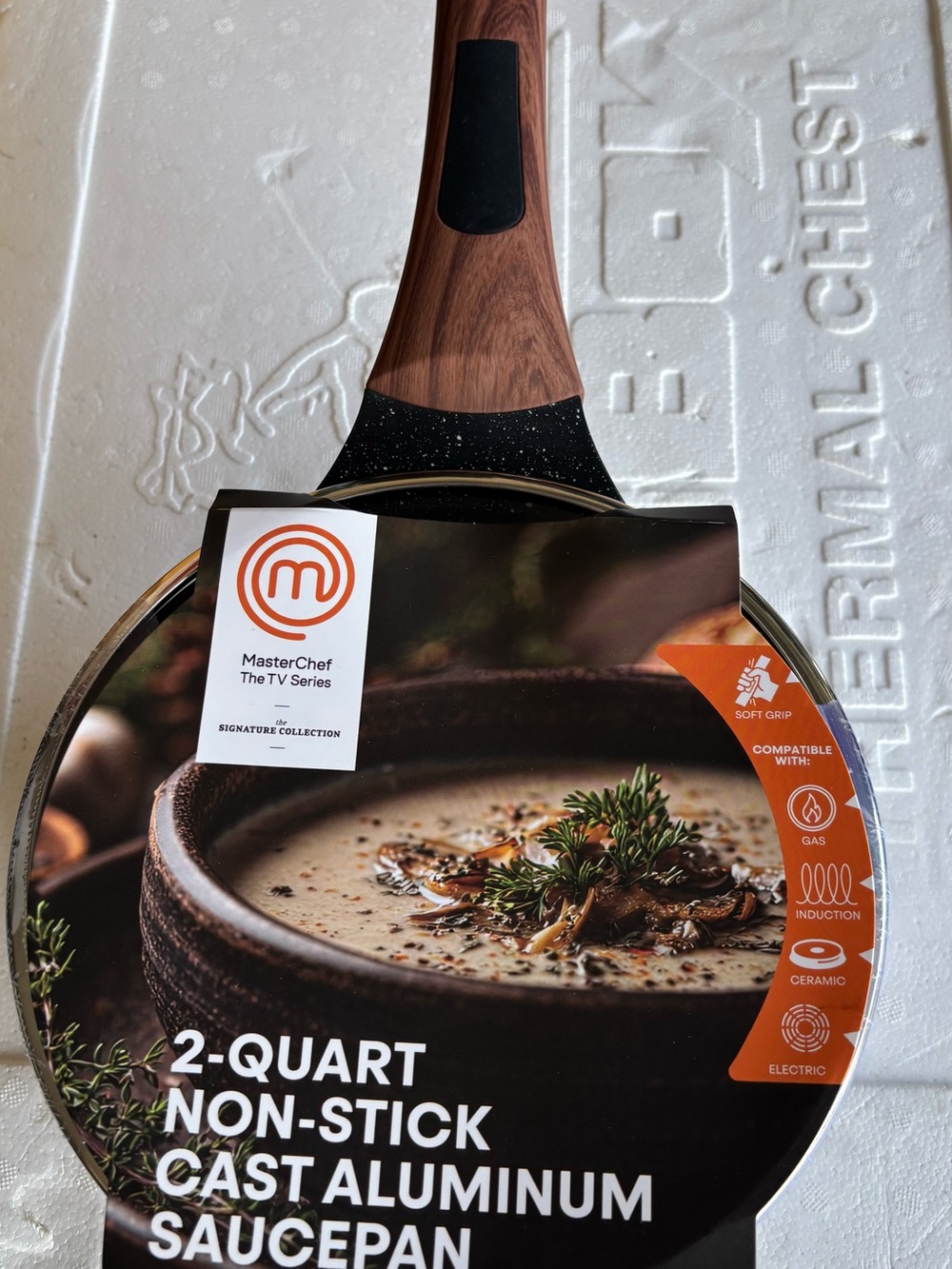 2-Quart Non-Stick Cast Aluminum Saucepan in Brown Woodgrain